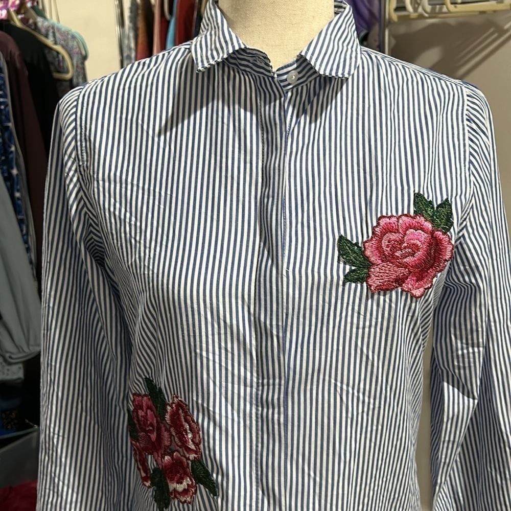 Striped Embroidered Button-down Blouse Tunic Dresa - Picture 8 of 10